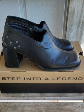 Harley-Davidson Black Leather Block Heel Ankle Shoes with Stud Detail